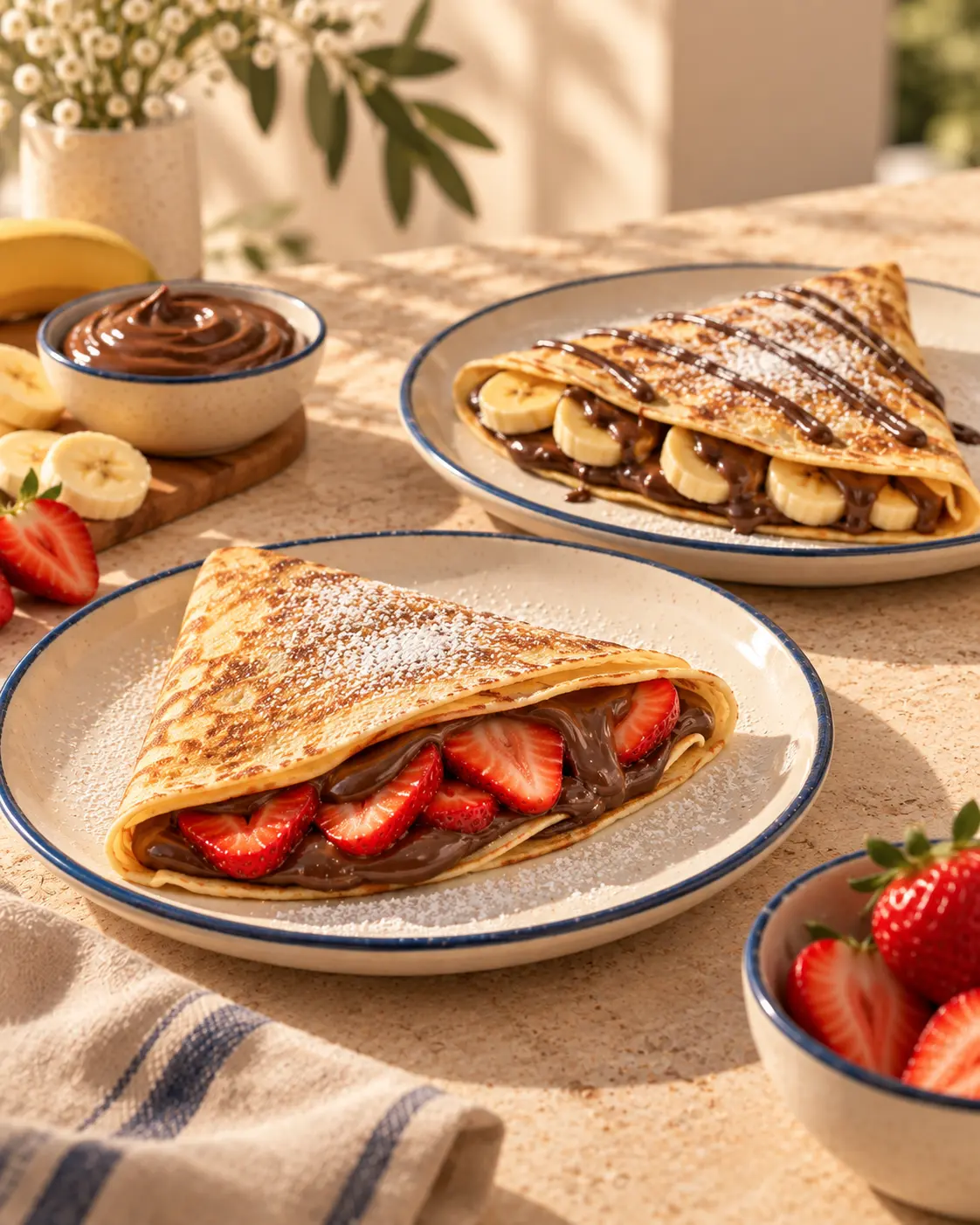Dois crepes doces Family Cook em composição publicitária clean com frutas e chocolate