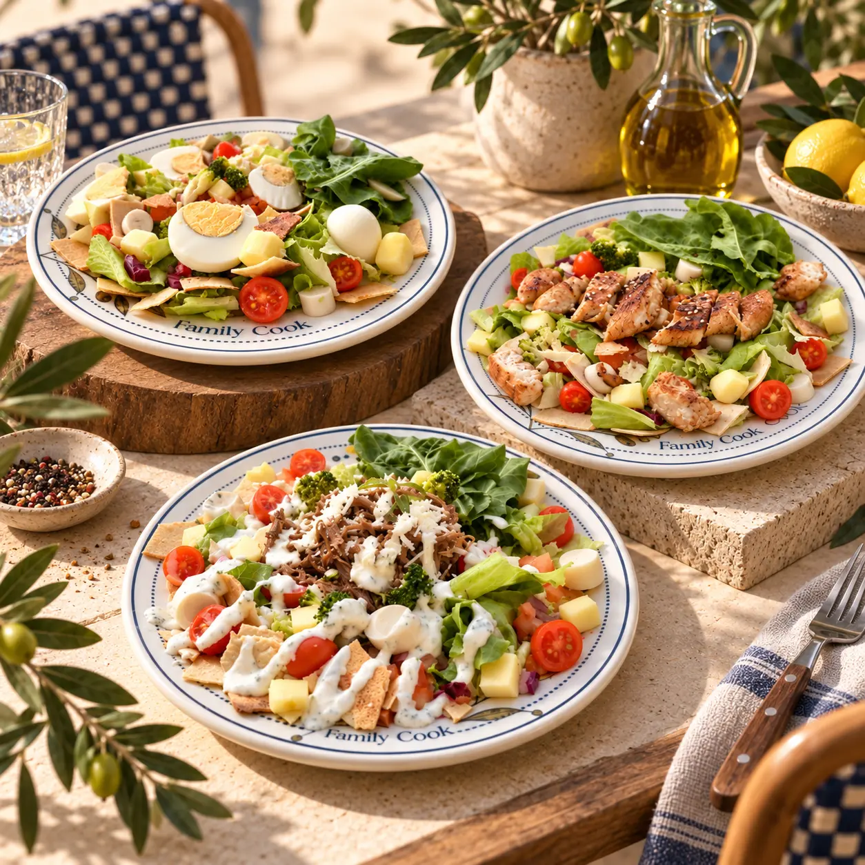 Três saladas Family Cook em fotografia publicitária