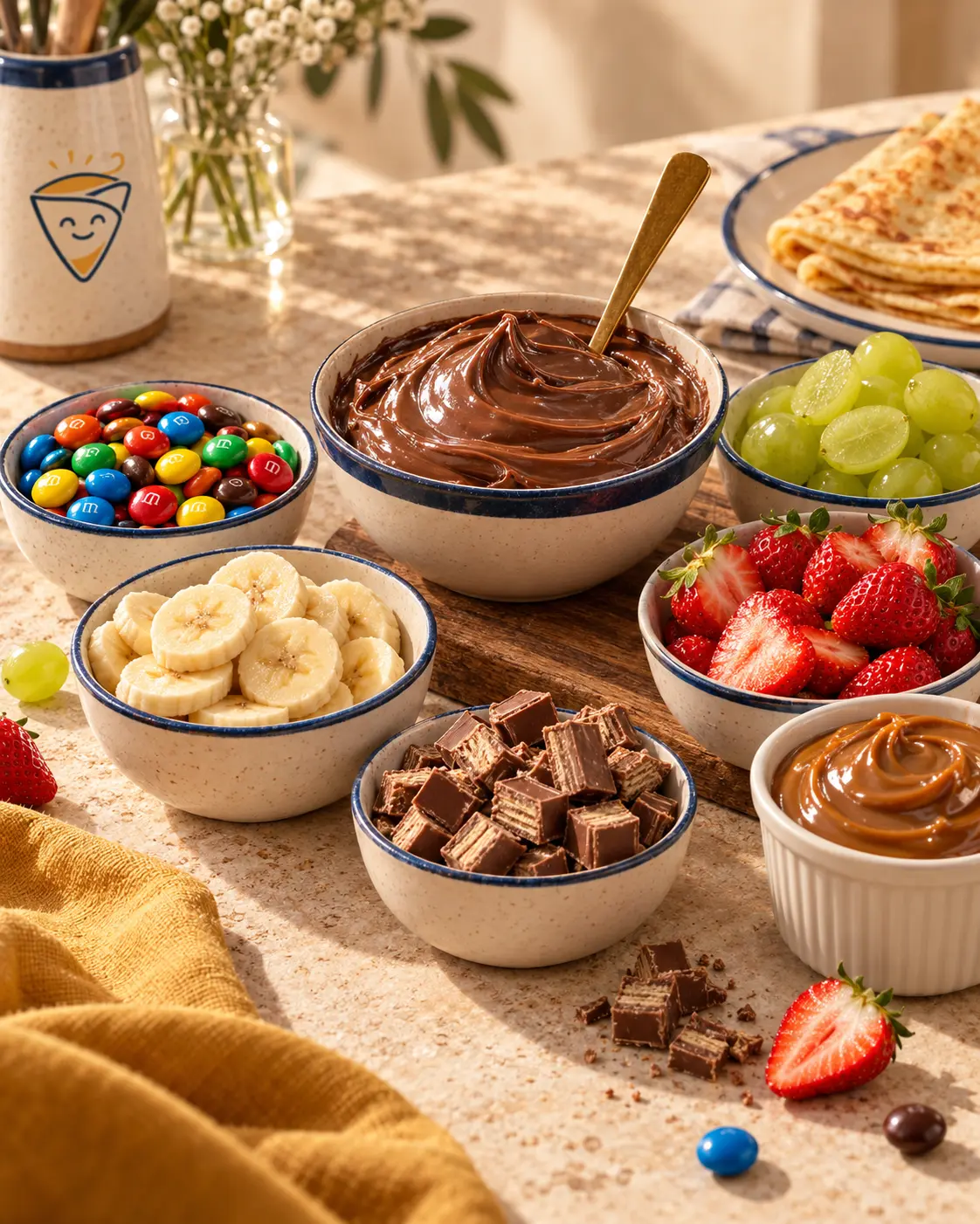 Adicionais doces do Crepe by Family Cook em composição publicitária com chocolates, frutas e extras cremosos