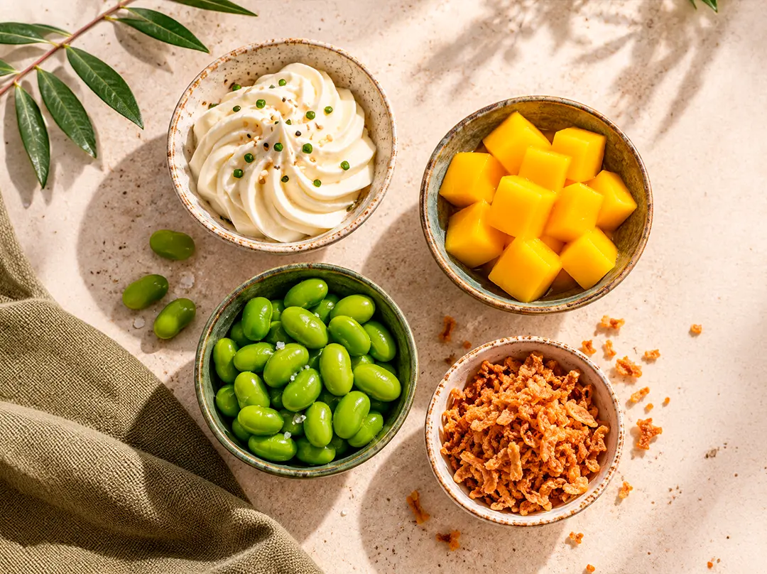 Ingredientes do poke em mise en place publicitário: cream cheese, manga, edamame e cebola crispy