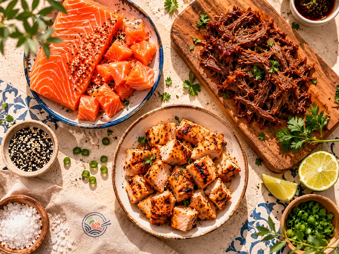 Composição publicitária top view com salmão em cubos, costela bovina desfiada e frango em cubos para o menu KONNA Poke